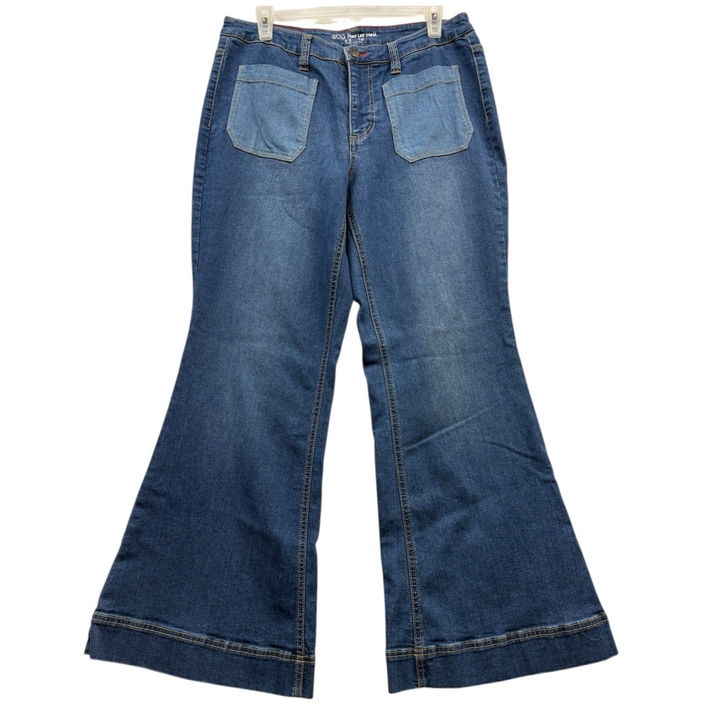 Peace Love World Wide Leg Flare Jeans Dark Wash Front‎ Patch Pocket Retro 10P